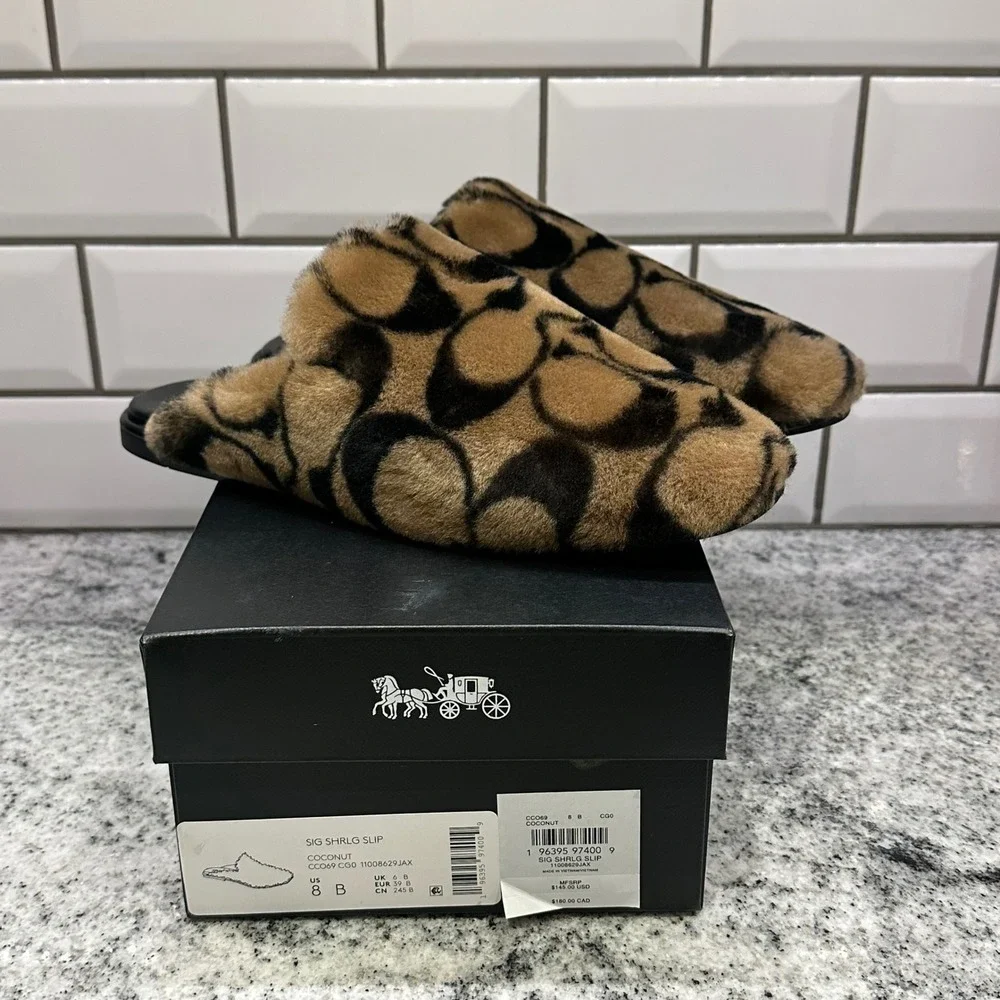 Coach Women's 8 B Sig Shrlg‎ Slip CC069 Signature Shearling Mules Coconut Black